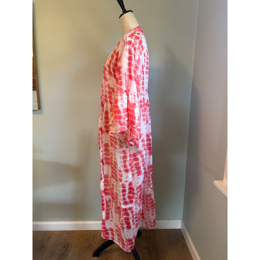 Pink White Tie Dye Kimono Duster Ruffle maxi coverup sheer beach resort tiedye y - Picture 4 of 7